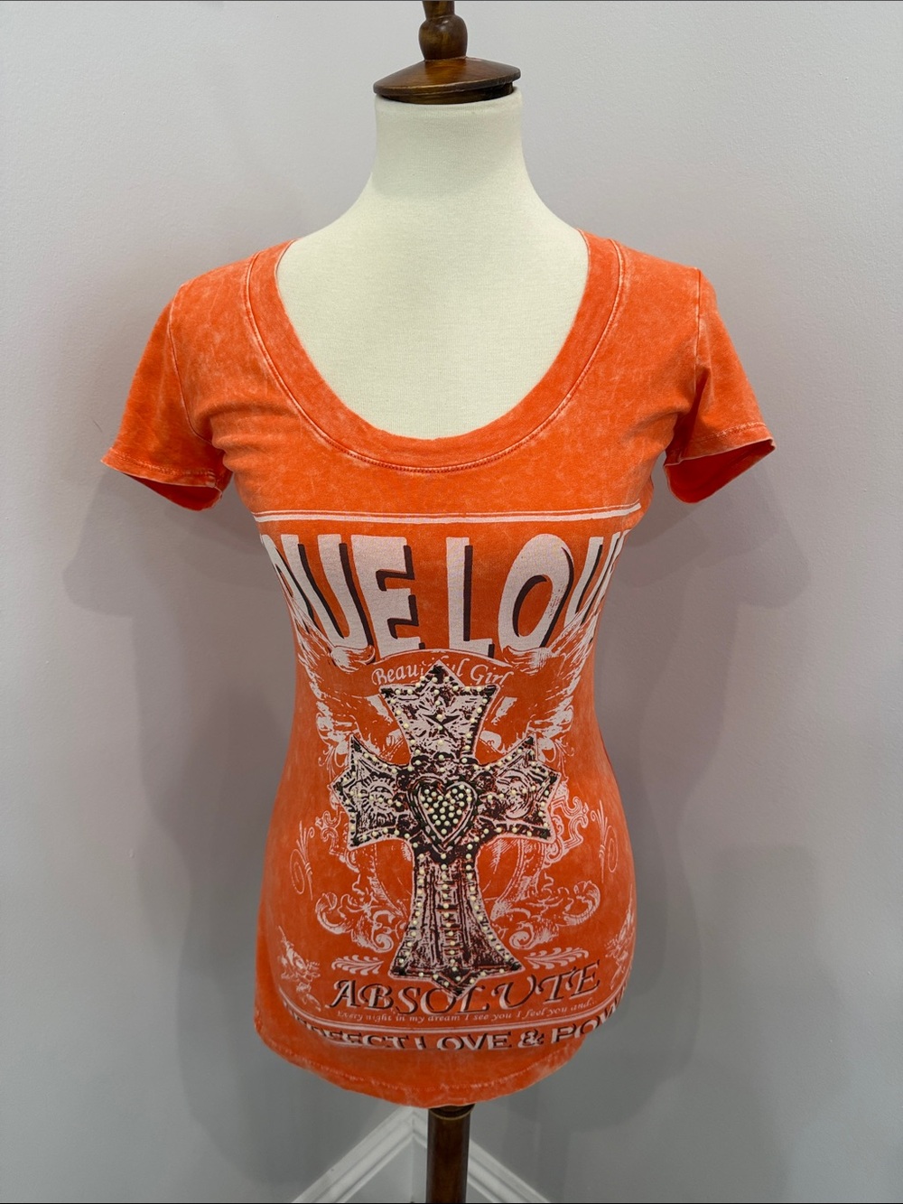 Daytrip Orange Scoop Neck Graphic Tee with Cross